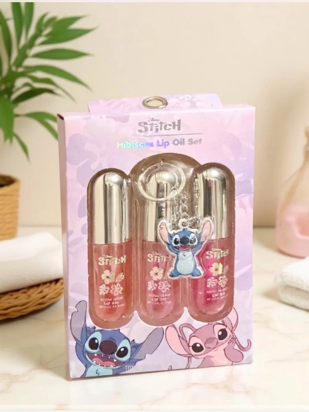 Disney Stitch Hibiscus Lip Oil Set 3 Pc w/ Stitch Charm New